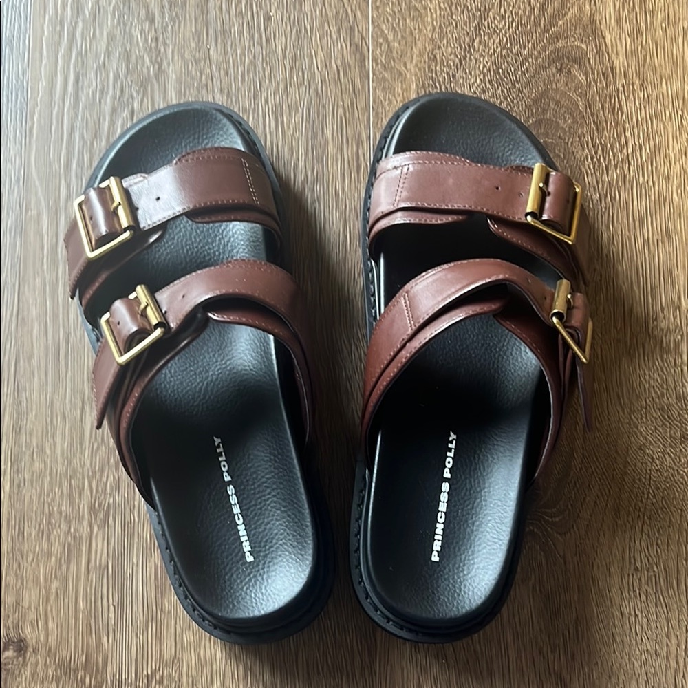 Princess Polly Brown Sandals with Gold Buckles